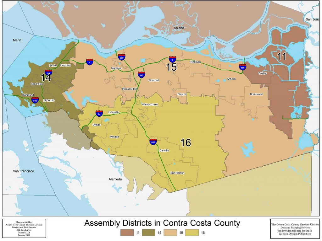 Map of Contra Costa County showing California Assembly districts