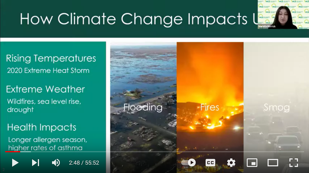 Screen shot from video "MCE for Orinda 2022" showing climate change effects including flooding, fires, smog