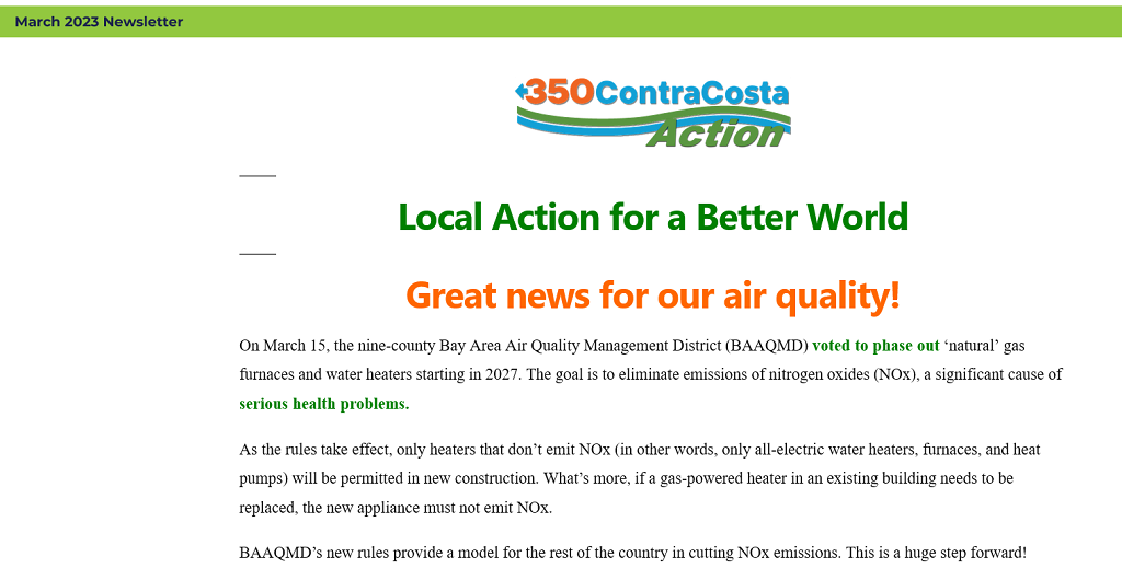 Screen shot of upper portion of 350 Contra Costa Action March newsletter