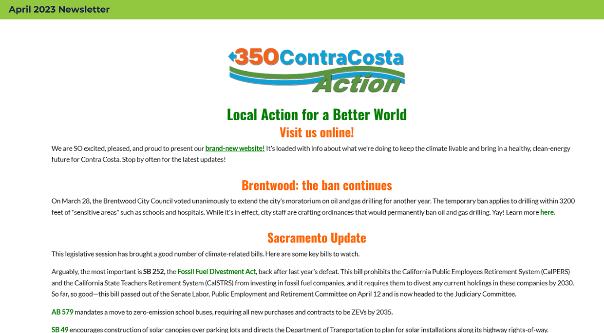Screenshot of top portion of 350 Contra Costa Action newsletter