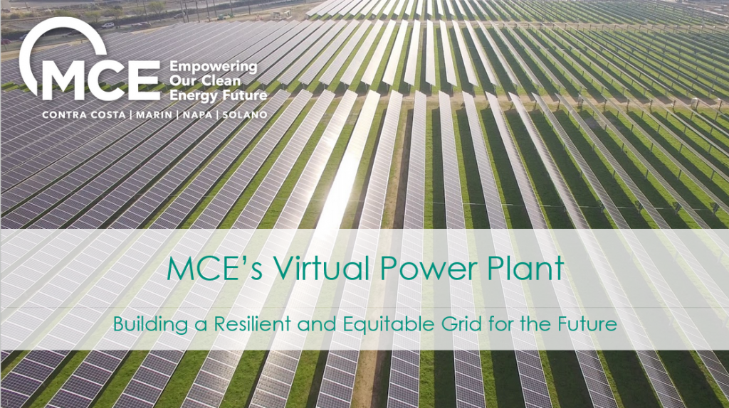 MCE" Virtual Power Plant: Building a Resilient and Equitable Grid for the Future over massive solar power grid covering acres of land