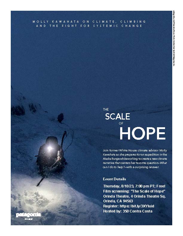 mage of climbers scaling a snowy mountainside, apparently at night with text: "The Scale of Hope---Join former White House climate advisor Molly Kawahata as she prepares for an expedition in the Alaska Range while working to create a new climate narrative that centers her favorite question---What can I do to help?---with a surprising answer." Plus event details.