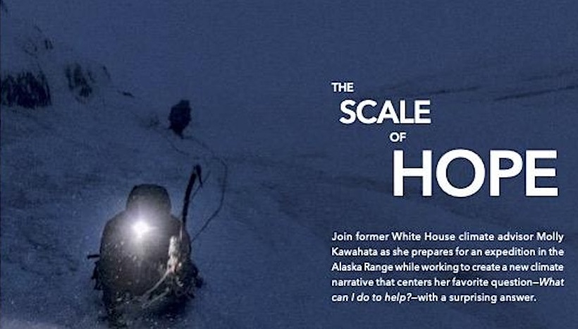 The Scale of Hope film poster showing ice climber trekking across ice fields in the dark of night