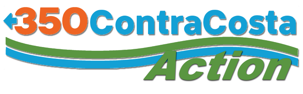 350 Contra Costa Action logo with 350 in orange, ContraCosta in aqua, and Action in green; a shallow, closely parallel set of waves, the top green, the bottom aqua, fall between 350ContraCosta and Action, with Action italicized and right justified;