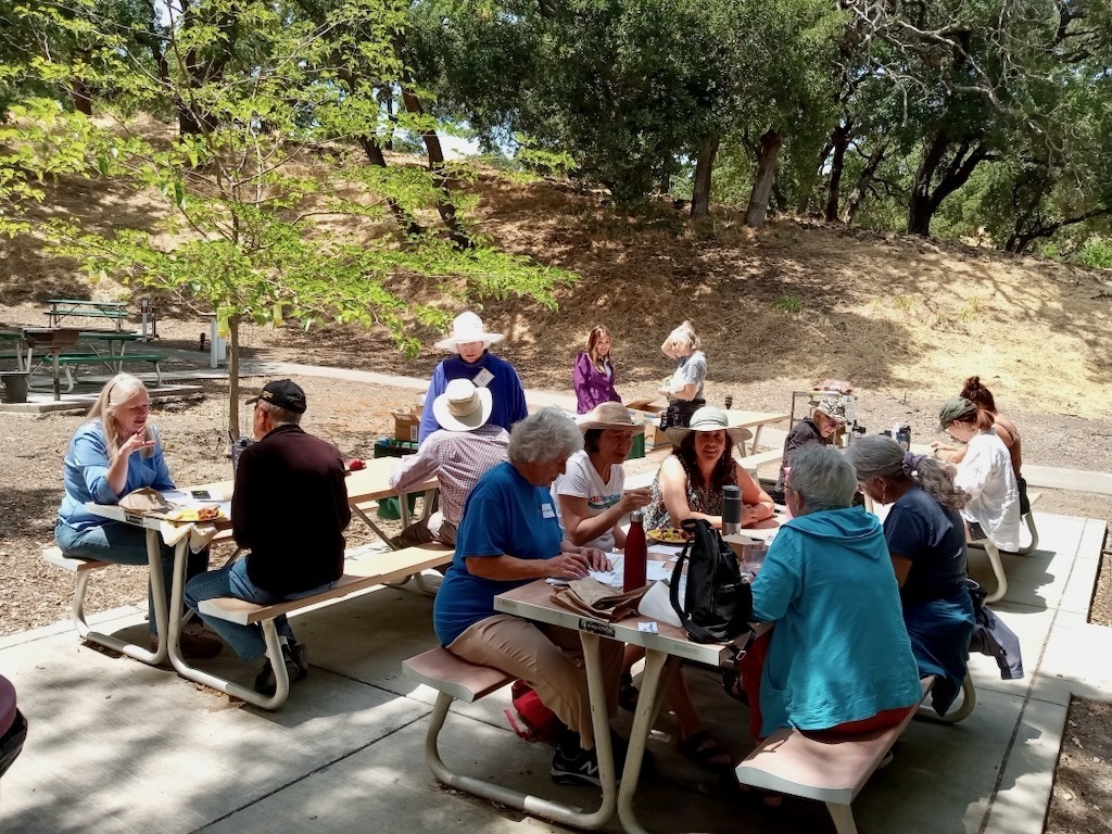 Group of women and men gathering at picnic tables to eat and write Get Out The Vote postcards