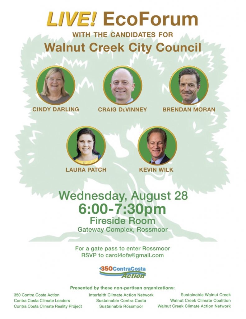 Flier titled "Live! EcoForum with the Candidates for Walnut Creek City Council" includes full-color headshots of five candidates, and event details with a pale green tree-shaped watermark behind all