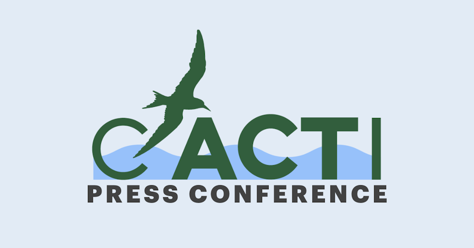 350 Contra Costa Action Joins CACTI to combat the Montezuma Pipeline “CACTI Press Conference” and flying bird in forest green against sillouhette of blue mountains on a light aqua ground.