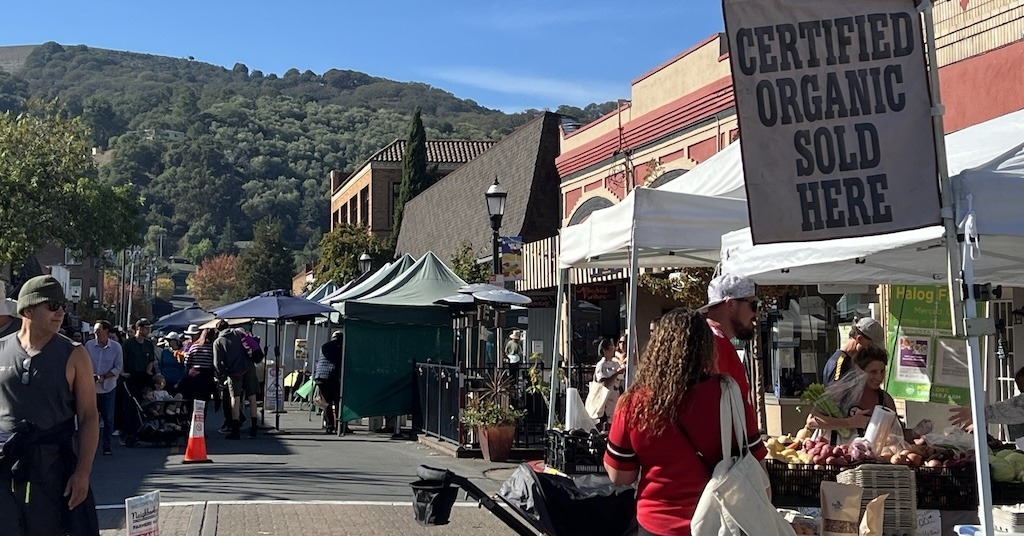 Martinez CA Climate Action & Advocacy View of Martinez Farmers Market along Main Street, looking up to the hills