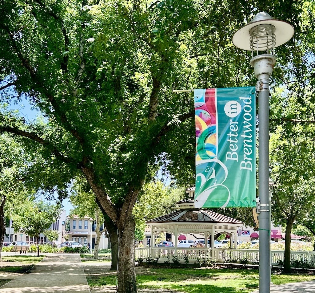 Encourage the city to set a date to discuss developing and implementing specific “how to get there” plans | Better in Brentwood ciity park sign near gazebo | Image credit: Anne Grenier
