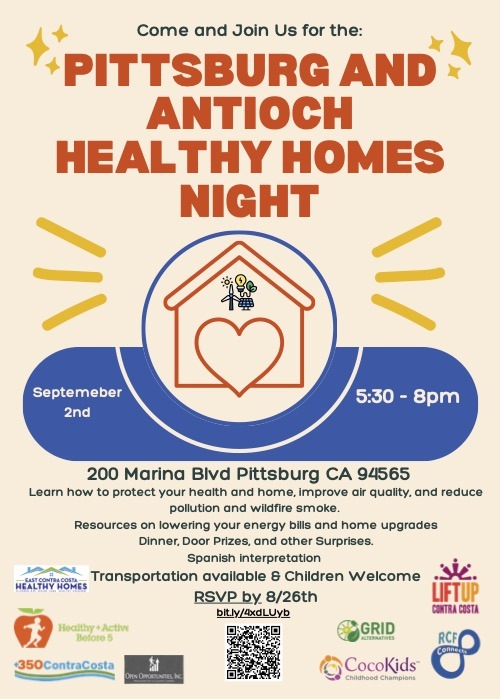Pittsburg and Antioch Healthy Homes Night: Community members sharing a meal and learning about healthy living at the Pittsburg Elks Lodge. | Image credit: East Contra Costa Healthy Homes Collaborative, used with permission. | Poster for Pittsburg and Antioch Healthy Homes Night: September 2, 5:30–8pm at 200 Maring Blvd, Pittsburg CA 94565, featuring a heart-in-house icon and a blue decorative banner.